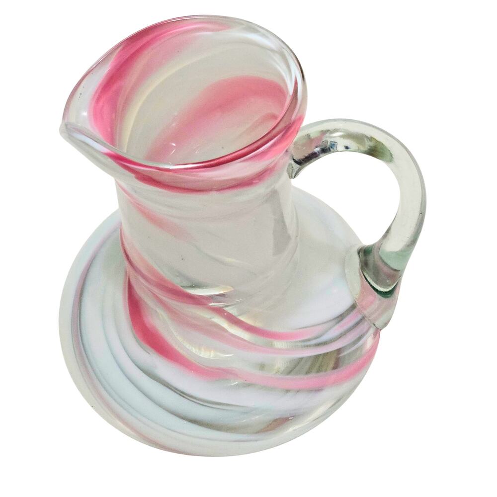 Mini Hand Blown Pink White Swirl Pitcher 6 Inches Tall 5.5 Inches Wide